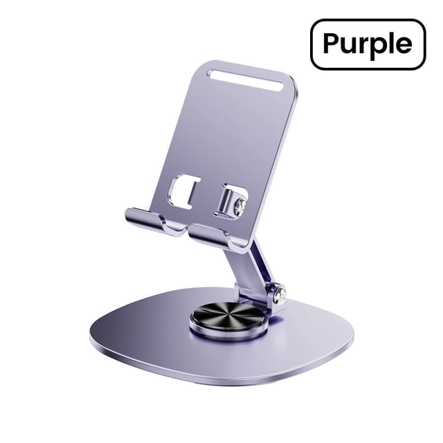 olaf mesa giratoria soporte para teléfono celular soporte de escritorio para ipad samsung iphone 15 14 13 soporte móvil Morado, soporte metálico de escritorio con base redondeada, placa inclinable con topes dobles y brazo con bisagra para ajustar ángulo; fondo blanco. Su tamaño compacto lo hace adecuado también para sostener tablets pequeñas o cámaras ligeras.
