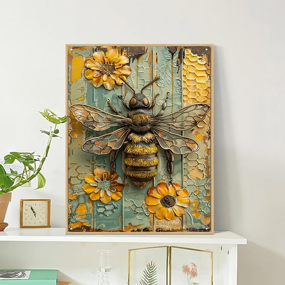 Uutvery Vintage Tin Bee Sign Wall Decor,Durable Wall Hanging Plaque,Aluminum Tin Sign,2D Flat with 3D Visual Effect Bee Flowers Decor for Home Kitchen,Retro Metal Bee Art for Home Bar Decor