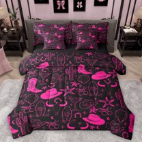Homewish Kawaii Cowboy Cowgirl Bedding Comforter Set 7pcs, Western Cactus Tree Queen Bedding Sets, Black Pink Cartoon Reversible Queen Sheet Sets, Microfiber Bedroom Decor