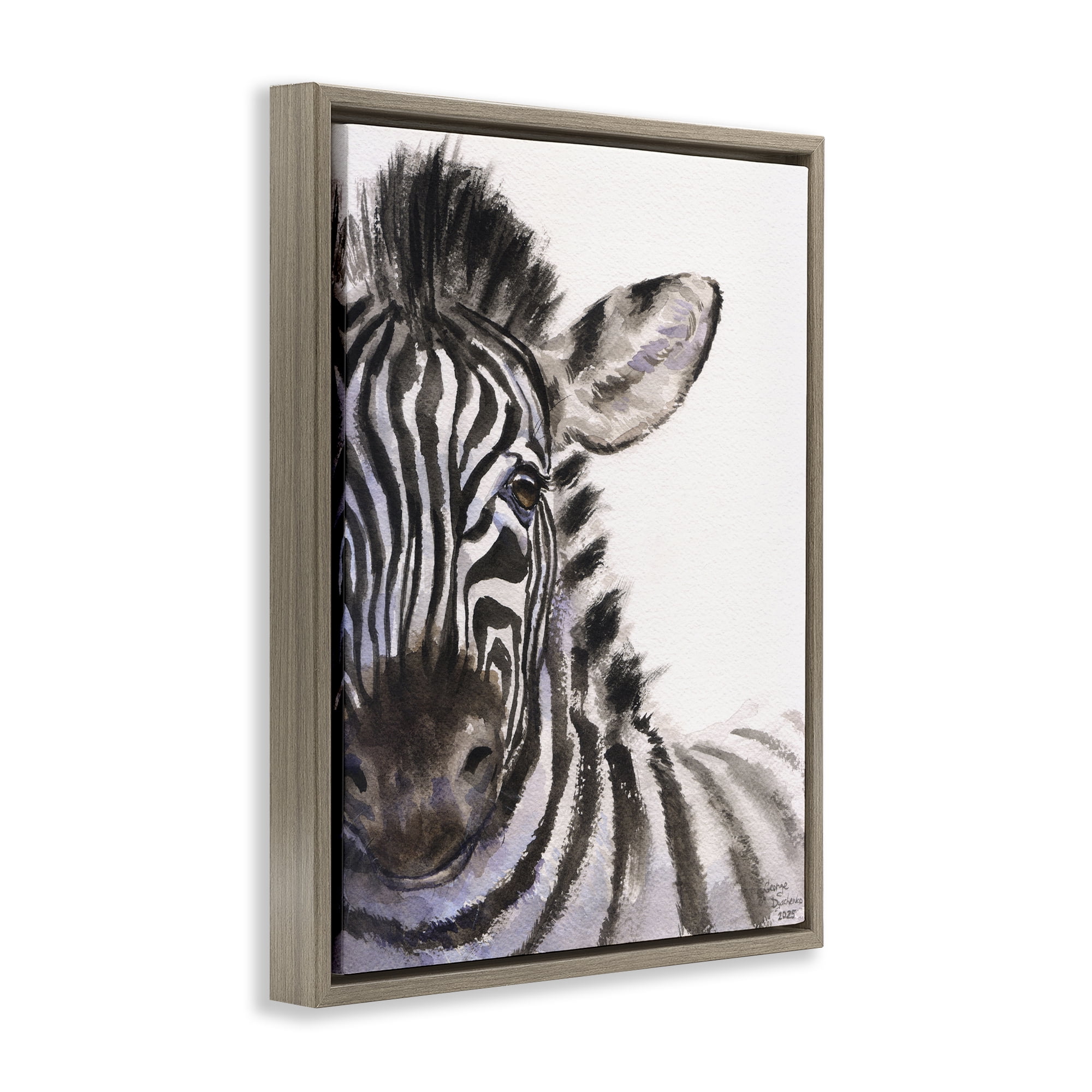 Stupell Industries Zebra Portrait on White Brown Framed Floater Canvas Wall Art, design by George Dyachenko