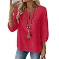 thumbnail image 2 of Women's Cotton Linen 3/4 Sleeve V Neck Lace Blouse Loose Fit Casual, 2 of 7