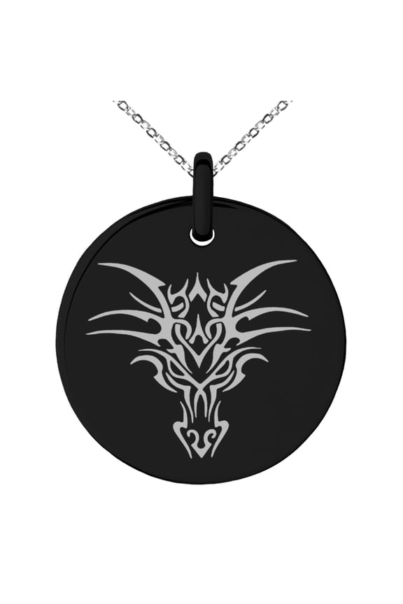 Stainless Steel Oriental Dark Dragon Engraved Small Medallion Circle Charm Pendant Necklace