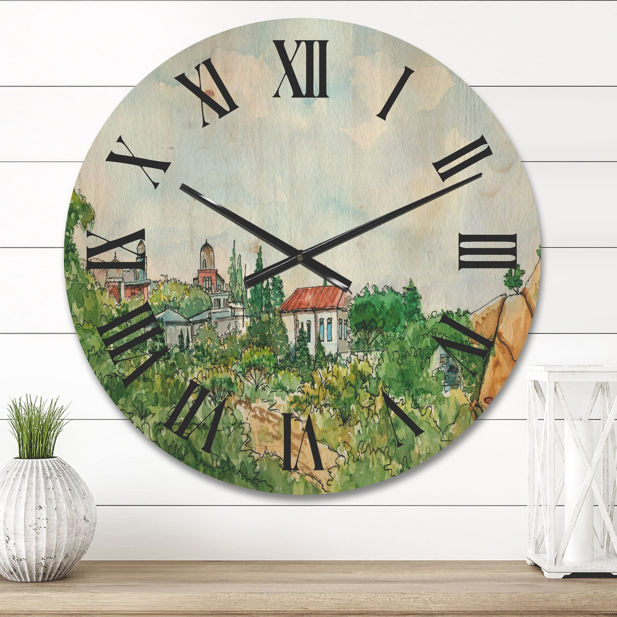 Designart 'White House With Red Roof In The Lush Green Countryside' Traditional Wood Wall Clock
