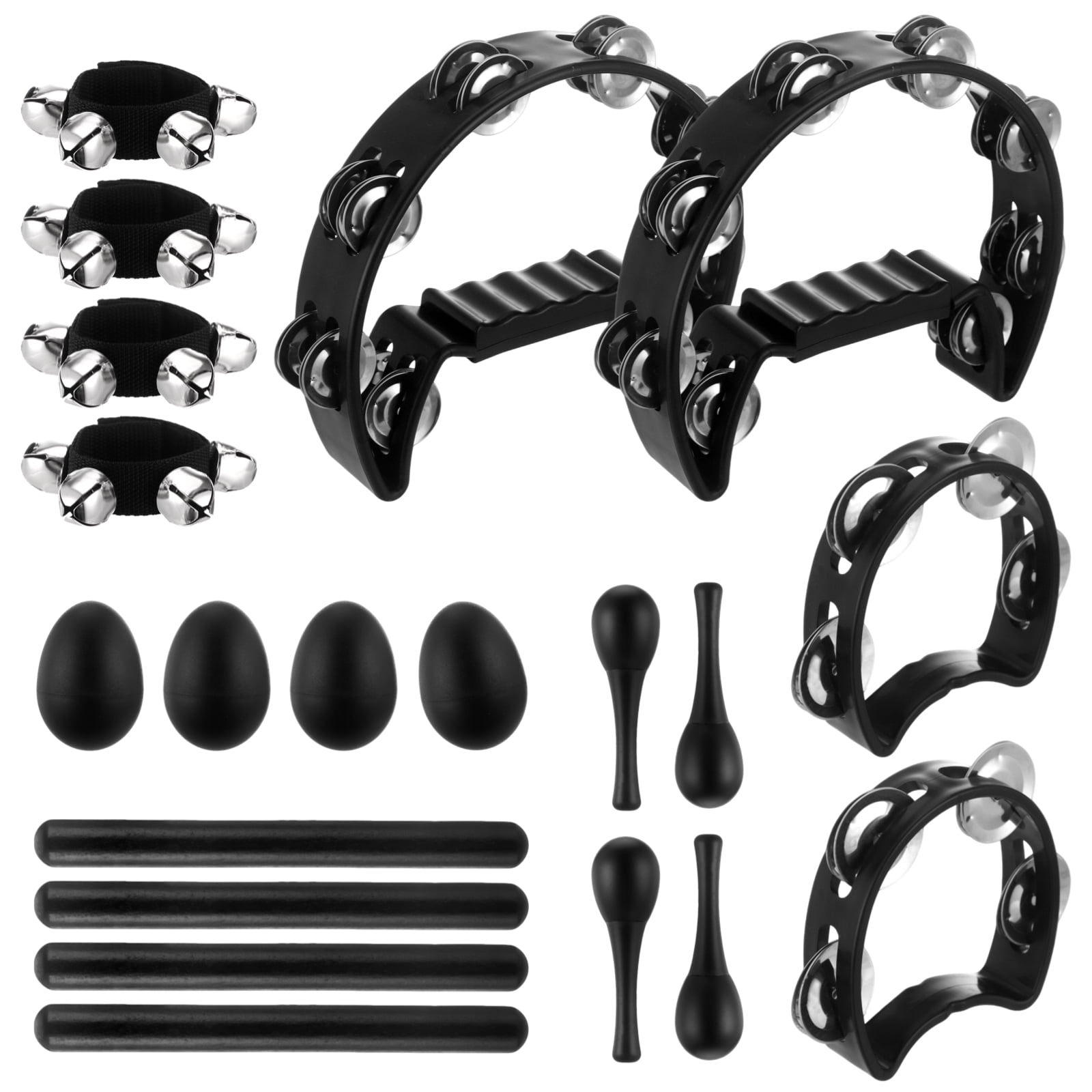 20 Pcs Musical Percussion Instrument Set with Large Tambourine, 4-Bell Tambourine, Maracas, Egg Shakers, Percussion sticks, and Wrist Jingle Bells, Black Plastic Instrument for Bar, Party, Stage