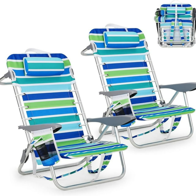Garvee Folding Beach Chair with Cup Holders and Headrest, Set of 2, 24.4 x 25.2 x 29.92", Ocean Striped