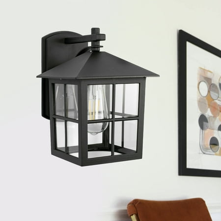 

1-Light Modern Outdoor Wall Lantern with Black Metal Cube Grid Frame and Glass Shade Waterproof Outside Wall Sconce for Porch House Garage