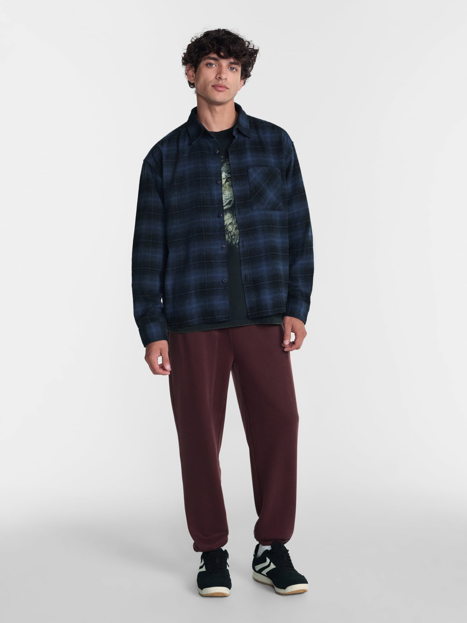 No Boundaries Boxy Cotton Plaid Flannel with Long Sleeves, Men's and Big Men's XS-4XLT