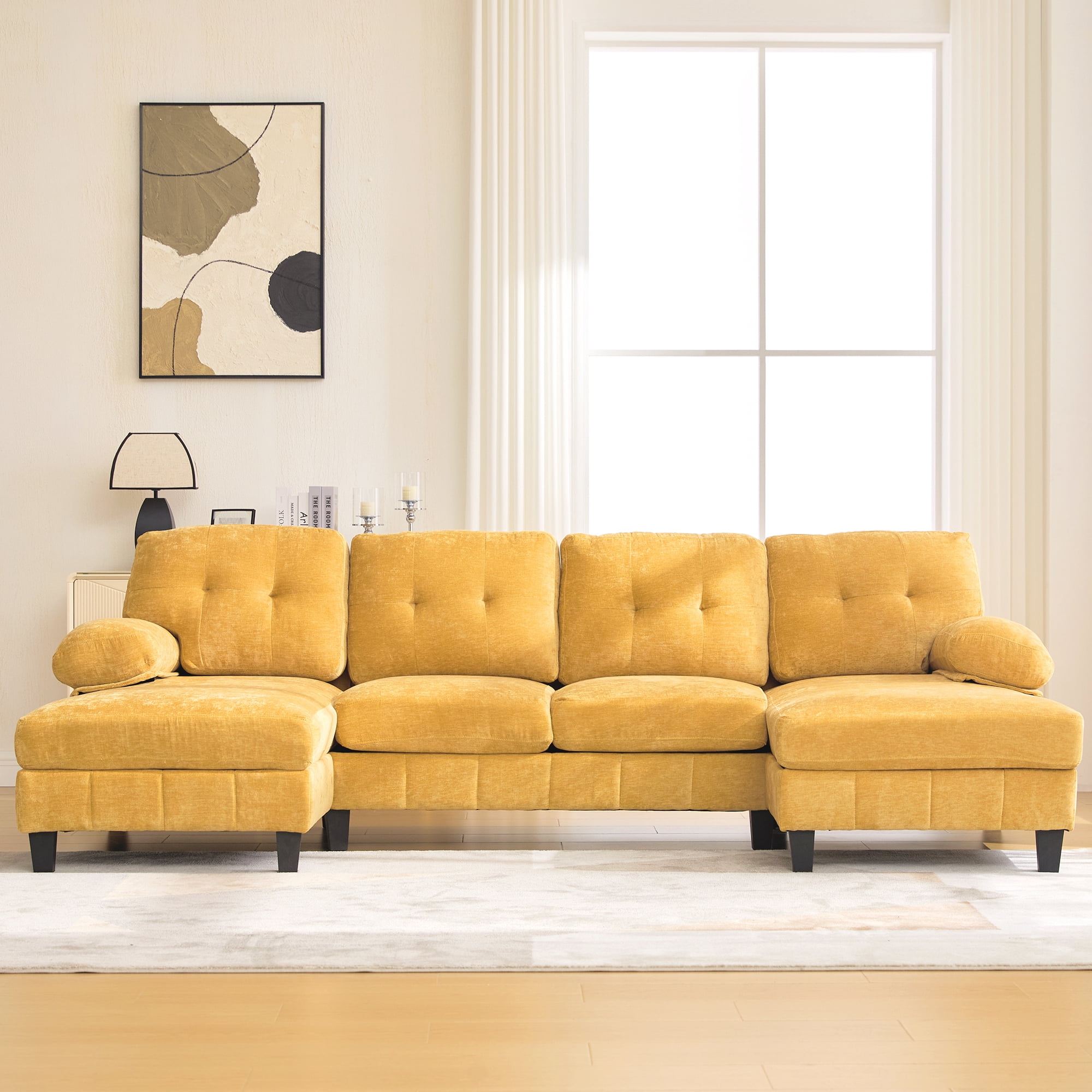 Leumius U Shaped Sectional Sofa, 103.5" Chenille Fabric Couch with Double Chaise Lounges, U Shaped Couch for Living Room, Yellow