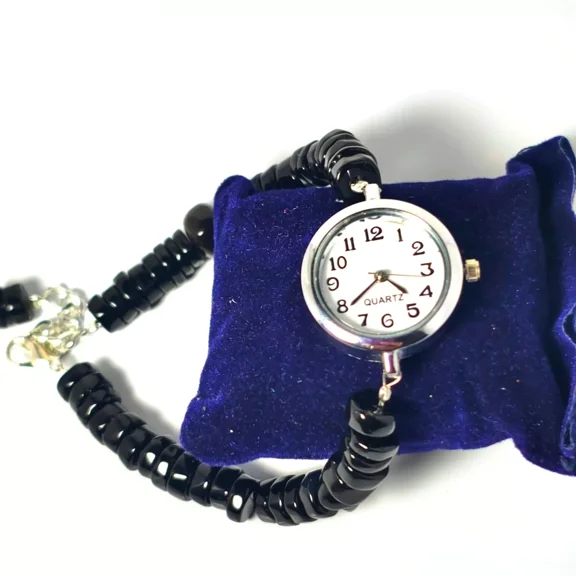 ROYALGEMSTONE Woman Wrist Watch, Natural Black Onyx Watch, Round Watch Bracelet, Black Watch