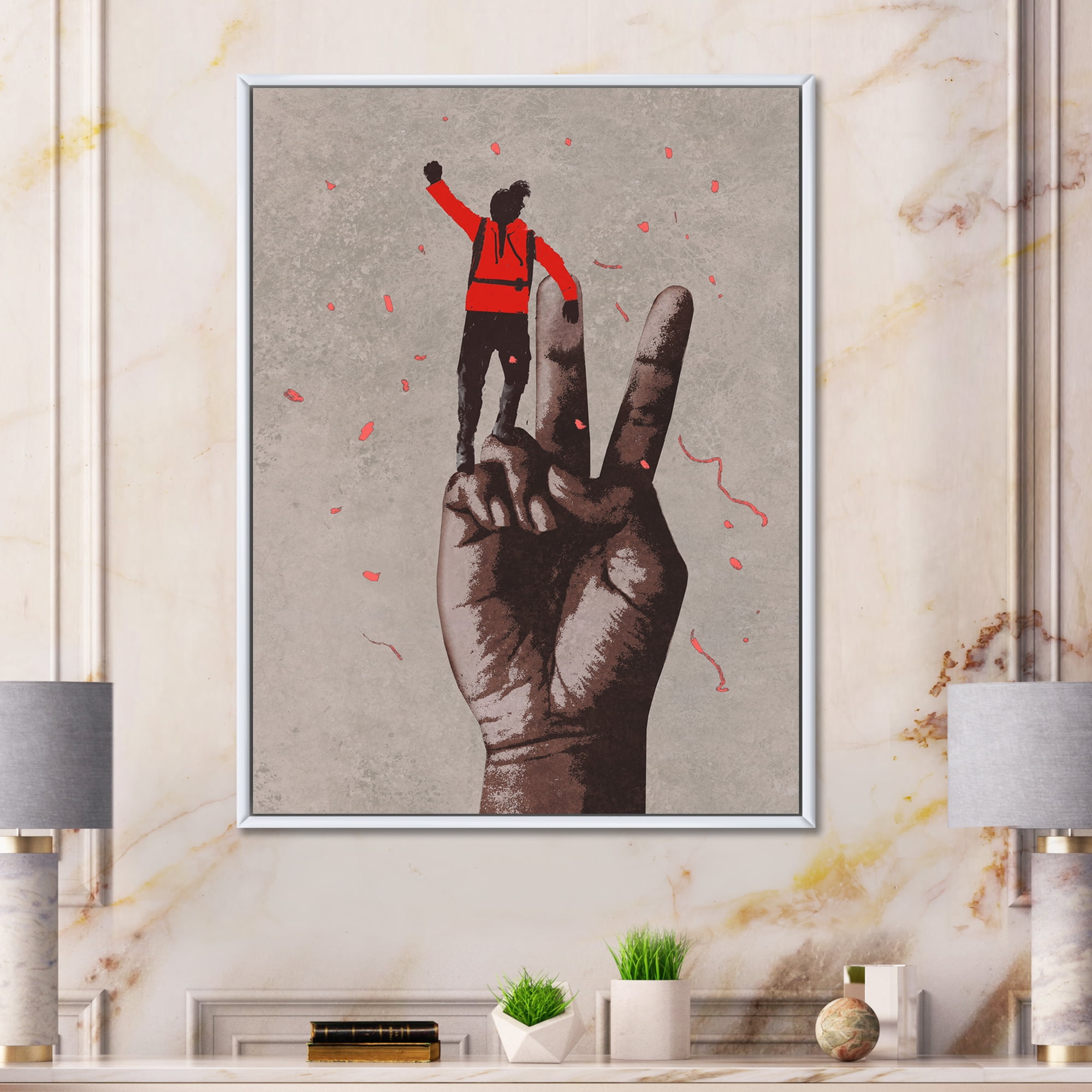 Designart 'Man With Arm Raised On Victory Sign' Modern Framed Canvas Wall Art Print