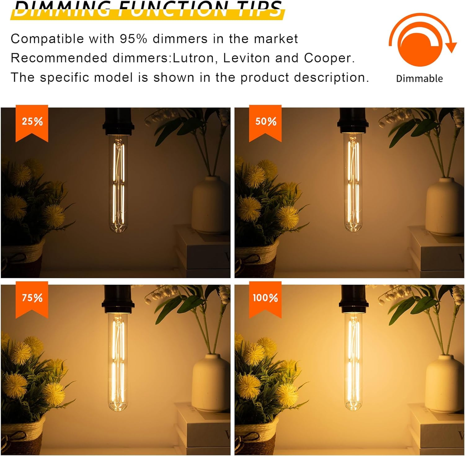 RGHJAR-Tubular Light Bulb 7.3 Inch Dimmable T10 LED Bulb E26 6W 60 Watts Edison Bulbs 2700K Solf White,185mm Long for Wall Sconces, Pendant, Livingroom, 4-Pack