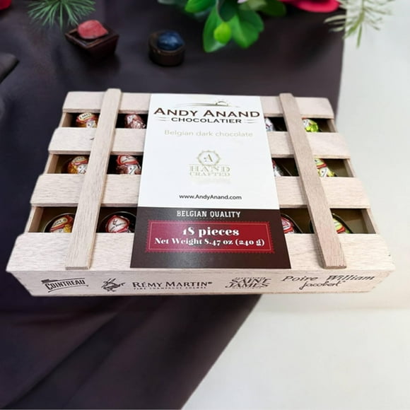 Andy Anand European Dark Chocolate Bottles, Unique Flavor, Filling with Non Alcoholic, Traditional Recipe and Assorted Flavors, Imported Chocolates, Wooden Gift Boxed (18 Pcs 8.74 Oz)