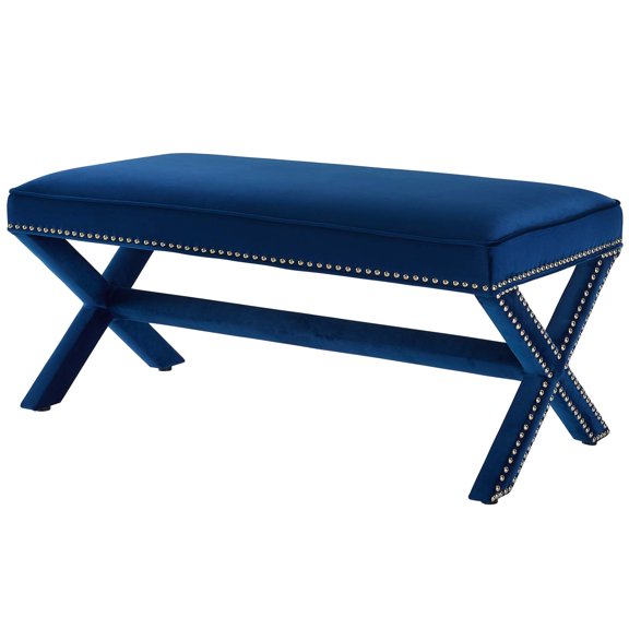 Modern Contemporary Urban Design Living Room Lounge Club Lobby Accent Chair Bench, Velvet Fabric Copper Nail Rivet, Navy Blue