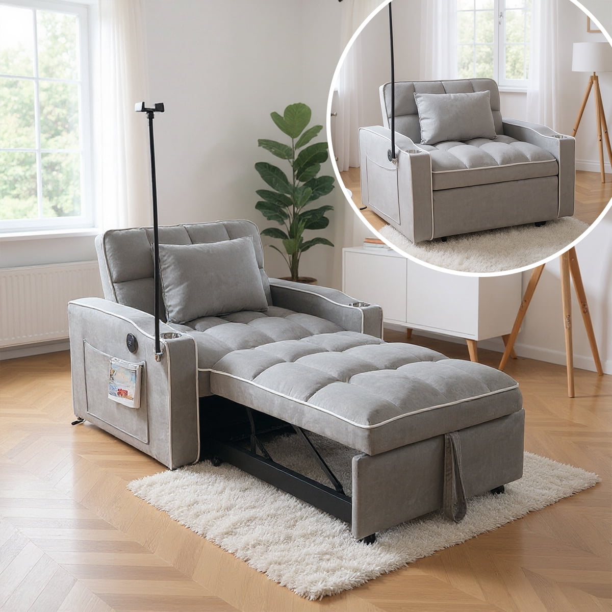 Gewnee 37.2''Convertible Sofa Bed with USB and Phone Holder,2 Cup Holders and 3 Adjustable Backrest,Suitable for Living Room,Apartment and Office.Light Grey