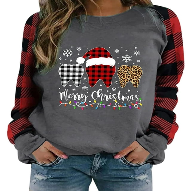 Women Christmas Sweatshirt Plaid Cartoon Long Sleeve Neck Pullover