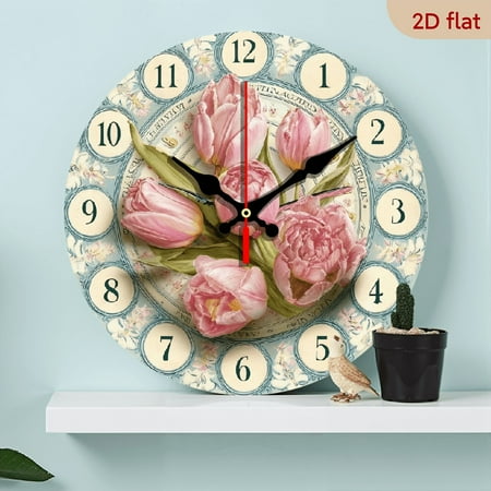 2D Flat 1pc 10Inch Tulip-Themed Wooden Round Wall Clock - Pink Dutch-Inspired Farmhouse Decor with Large White Hands, Golden-Tone Numbers, 10 Incn - Easy-to-Read Non-Ticking Clock f