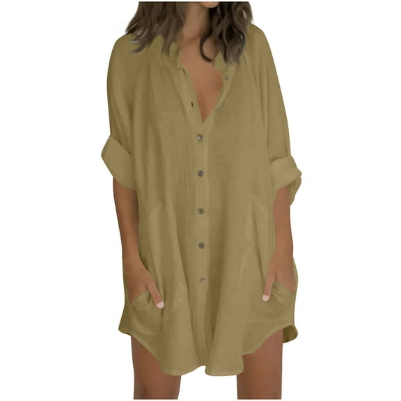 JSheng Women Casual Blouse Solid Color Stand Neck Loose 3/4 Sleeve Button Work Shirt with Pocket Khaki XXL
