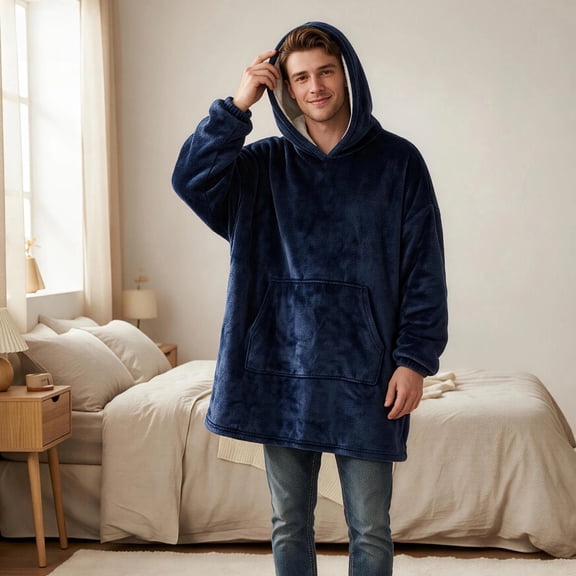 ABOYIART Wearable Blanket Hoodie for Men Women, Oversized Ultra Soft Flannel Loungewear with Large Pockets, Thick Warm Wearable Blanket Ideal for Fall & Winter(Navy Blue)