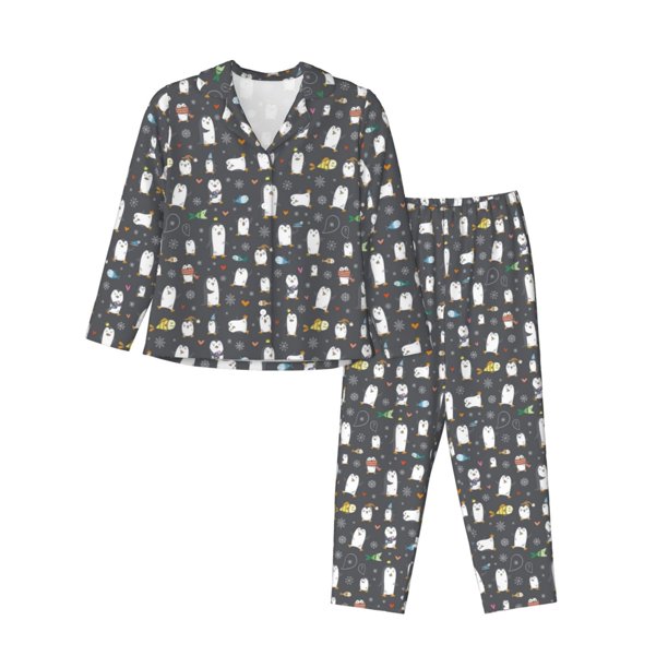 Balery Lovely Penguin Conjunto de Pijama con Estampado para Mujer, Conjunto de Dos Piezas con Manga Larga, Ropa de Dormir Suave con Bolsillos, Pijamas Cómodos-X-Large