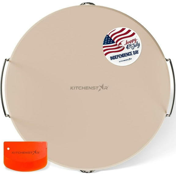 MMZP 16-inch Pizza Stone for Oven and BBQ Grill with Handles, Round, 5/8" Thick - Natural Cordierite, 1800 °F Resistant, Baking Stone Set with Stainless Steel Rack & Plastic Scraper Tool