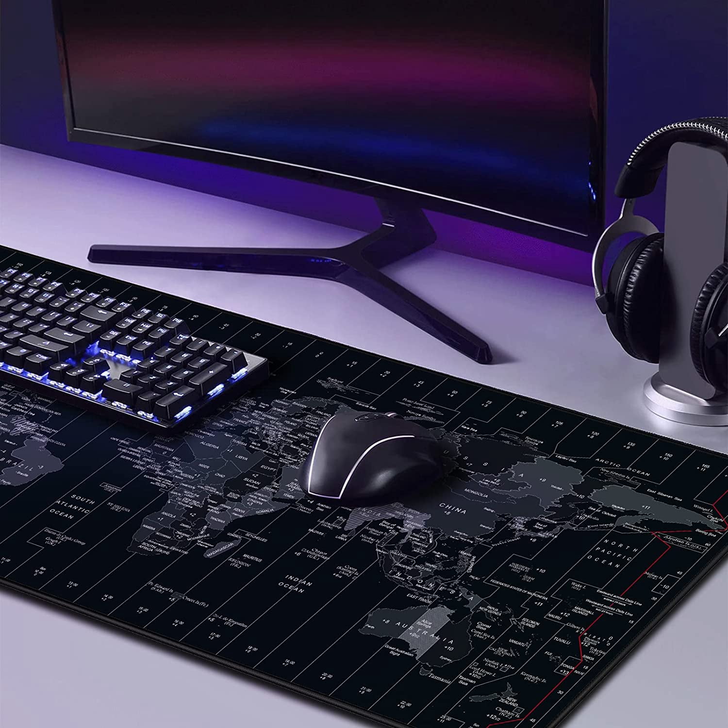 Extended Speed Gaming Mouse Pad Large Size 35.4 X 15.7X 0.12inches Desk Mat Mousepad with Personalized Design - World Map