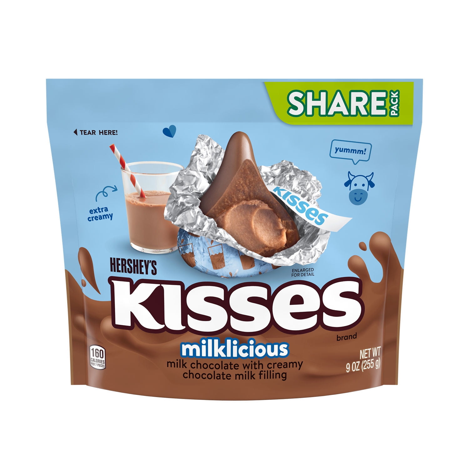 HERSHEY'S, KISSES Milklicious Milk Chocolate with Creamy Chocolate Milk Filling Candy, Individually Wrapped, 9 oz, Share Pack