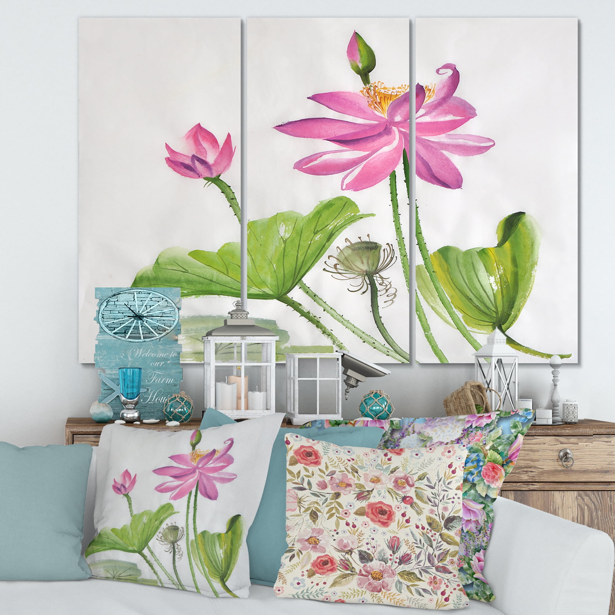 Designart ' Two Pink Lotus Flowers With Green Leaves ' Traditional Canvas Wall Art Print