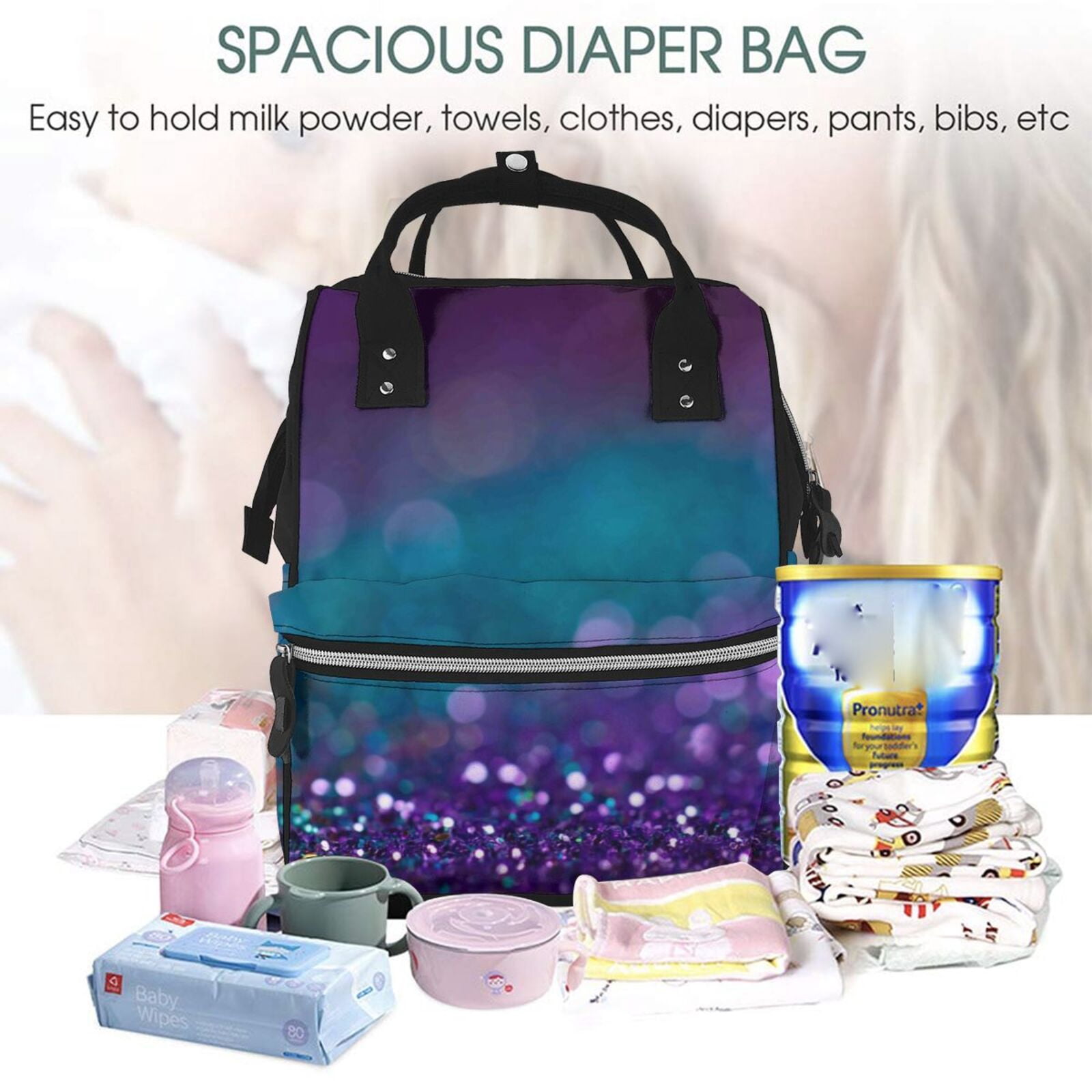 Ratiio Purple and Green Glitter Mummy Backpack - Waterproof Twill Canvas, Large Capacity Diaper Bag with Multiple Pockets and Adjustable Straps
