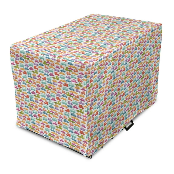 Cars Dog Crate Cover, Doodle Style Cars with Vibrant Colors Various Types of Vehicles Truck Bus Limousine, Easy to Use Pet Kennel Cover for Medium Large Dogs, 35" x 23" x 27", Multicolor, by Ambesonne