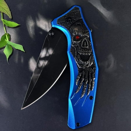 TRAHOO-Pocket Knife Cool Pocket Folding Knife with 3D Embossed SKULL patterns Great festival Halloween Christmas Gift EDC knife For Men Outdoor Survival Camping (Blue)