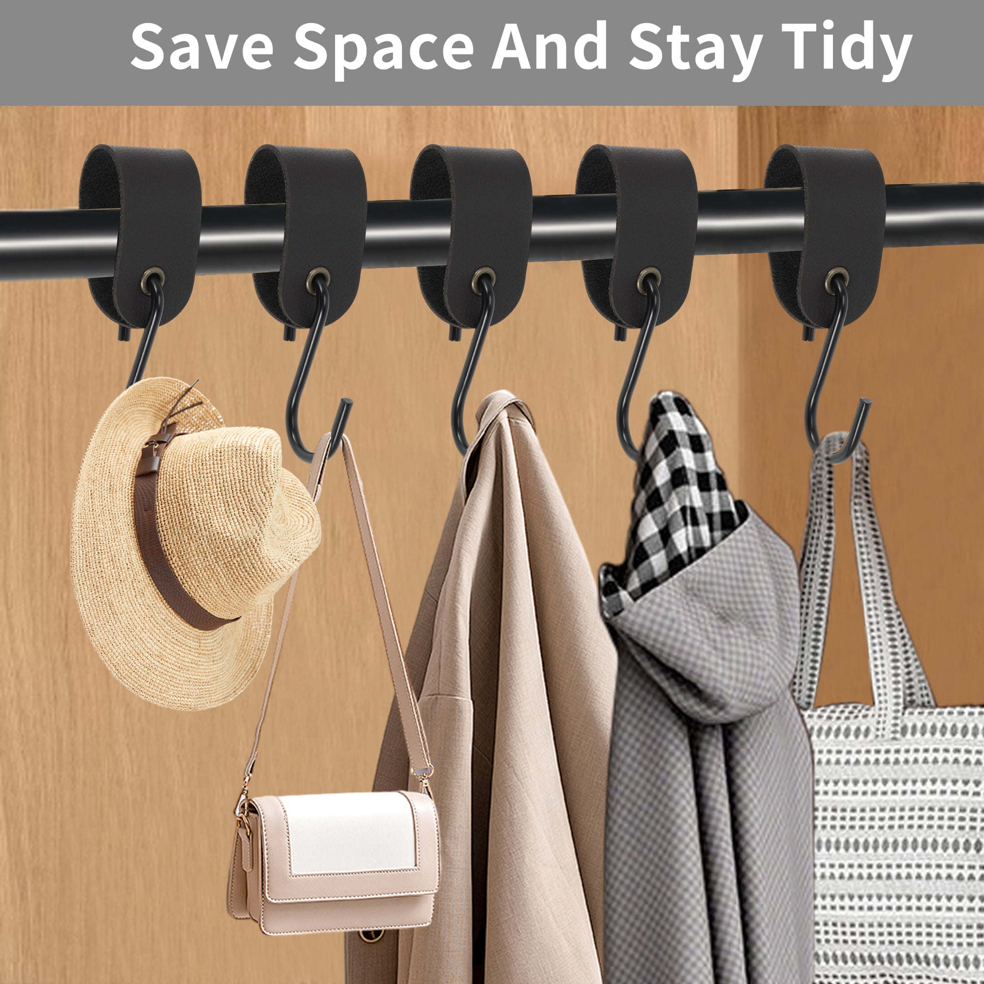 Unique Bargains Pack of 5 S Hooks with Leather Loop for Wardrobe All Black