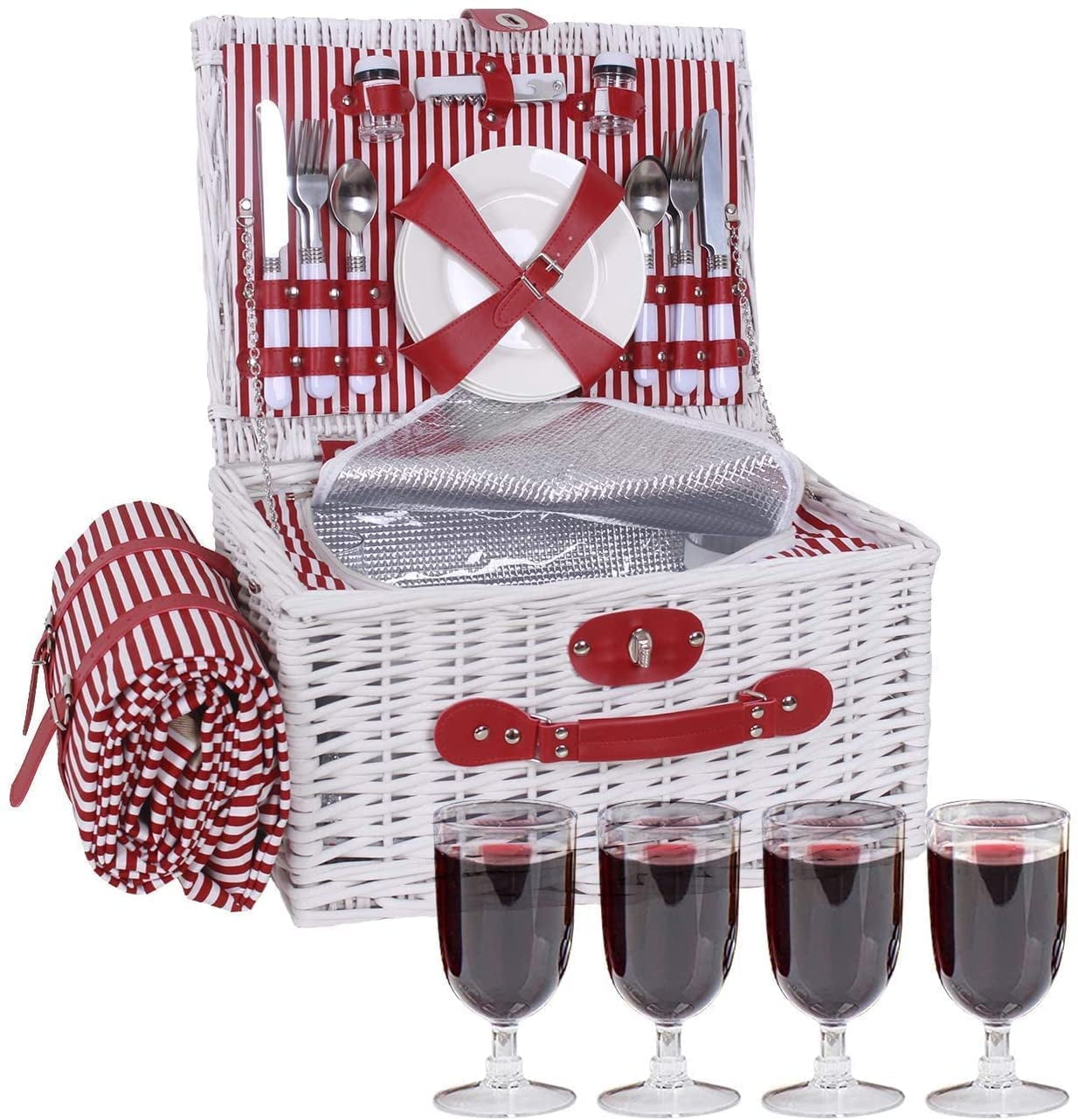 Nukied Picnic Basket for 4 Wicker Picnic Set with Large Insulated