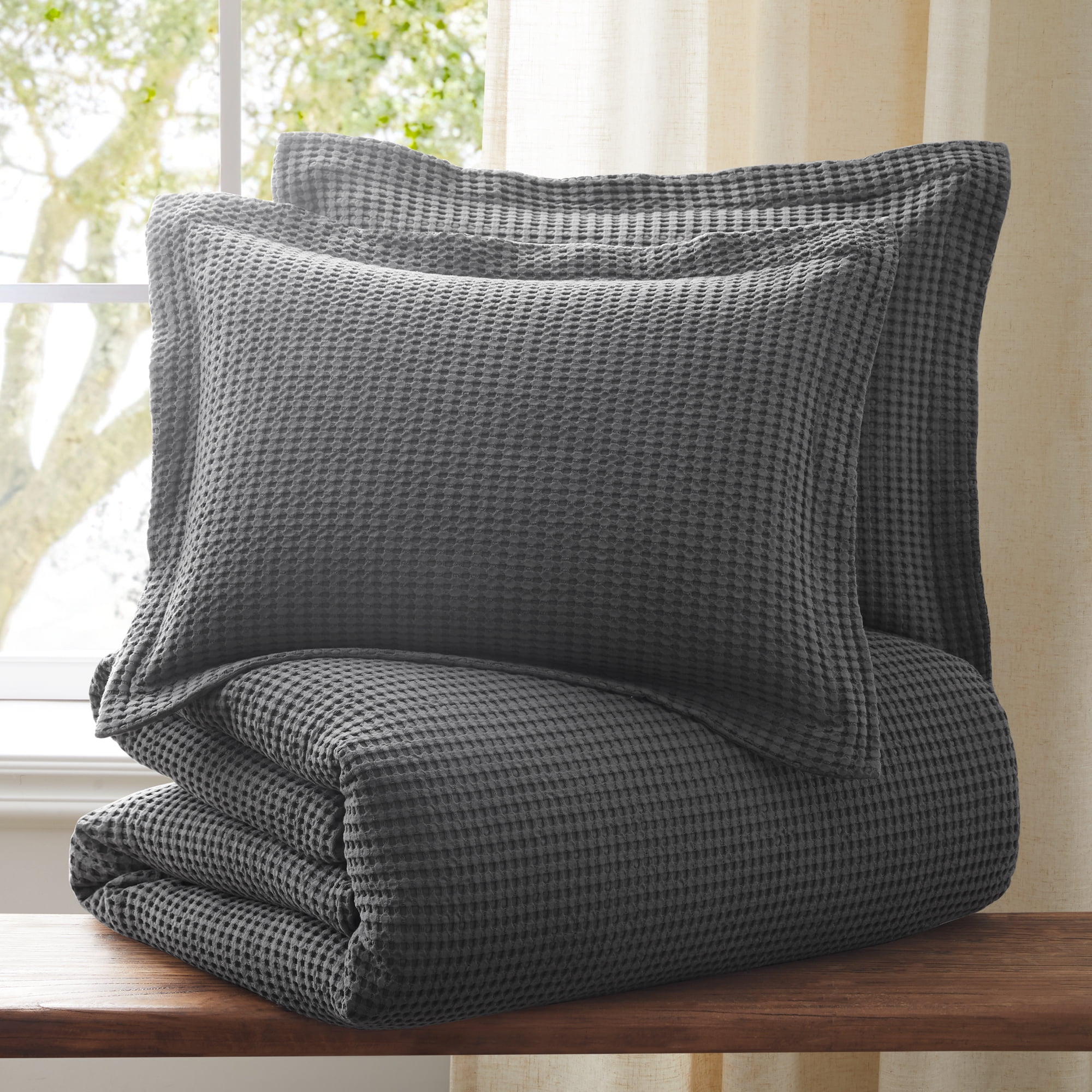 Levtex Home - Mills Waffle Charcoal Duvet Cover Set - Twin Duvet Cover + Two Standard Pillow Cases - Charcoal Waffle Weave - Duvet Cover (68 x 88in.) and Pillow Case (26 x 20in.) - Cotton