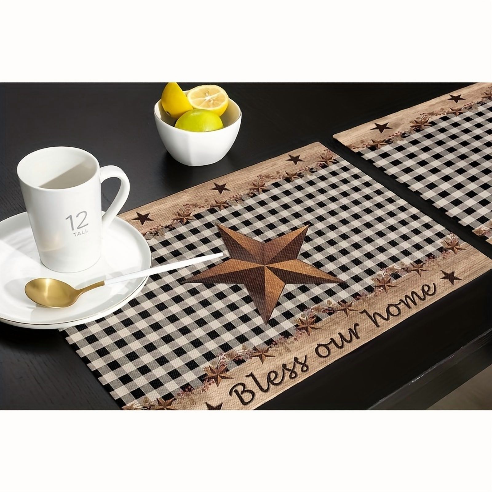 ACMDL   Set of 4 Farmhouse Black Plaid Polyester Place Mats with Vintage Country Star Design  Non-Slip Heat Insulation Square Table Mats  Hand Wash Only