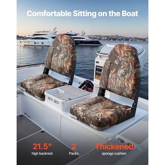 Boat Seat,High Backrest,Folding Fishing Boat Seat with Thickened Sponge Cushion&PU Polyester Fabric,Aluminum Alloy Hinges,Flip Up Boat Seat for Boats,Yachts,Ships,Camouflage (2 Seats)