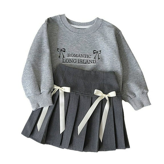 RTKFRFLM Girls' 2 Piece Set Outfits Bow Tie Sweatshirt Set Skirt Fall Top Pleated Skirt Toddler Kids Fall Clothes Clothing Sets,Size 7-8 Years