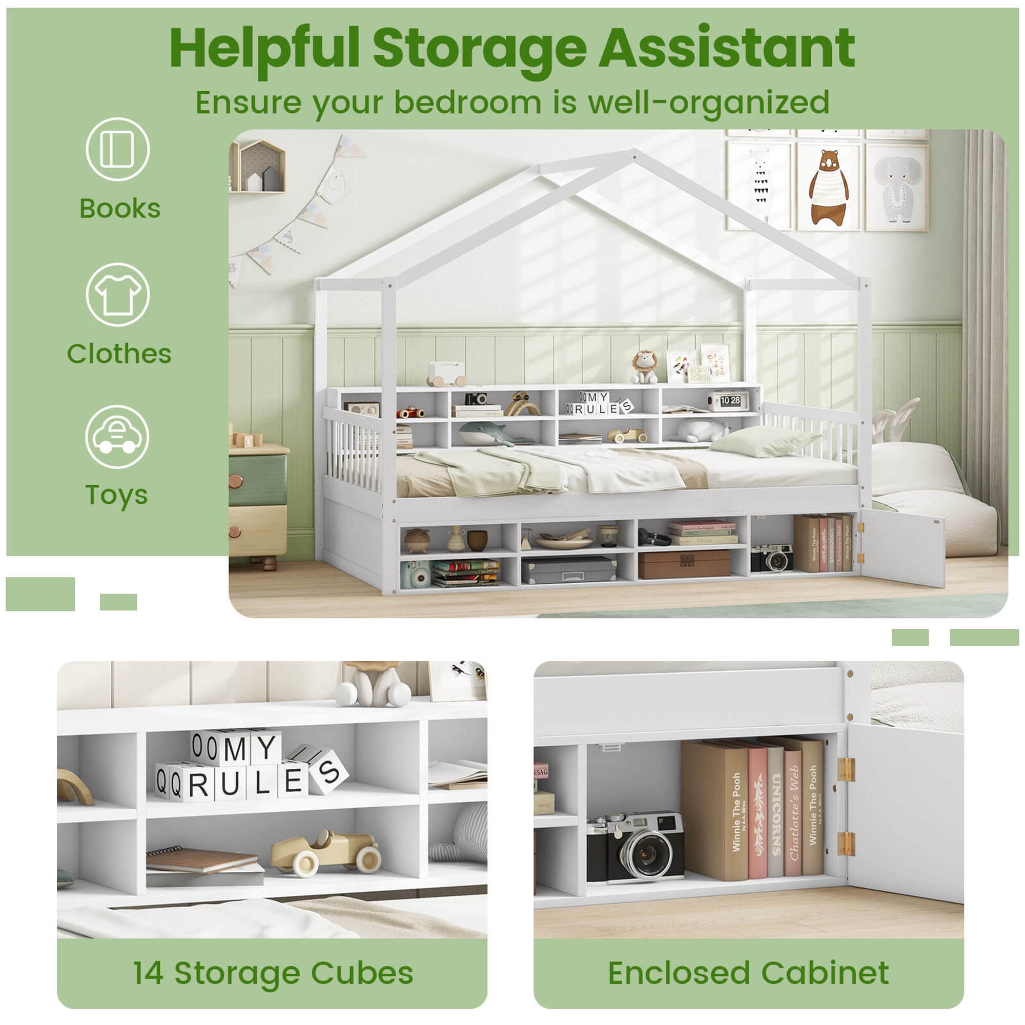 Costway Twin Size House Bed Wooden Platform Bed Frame with Roof & 14 Storage Cubes White