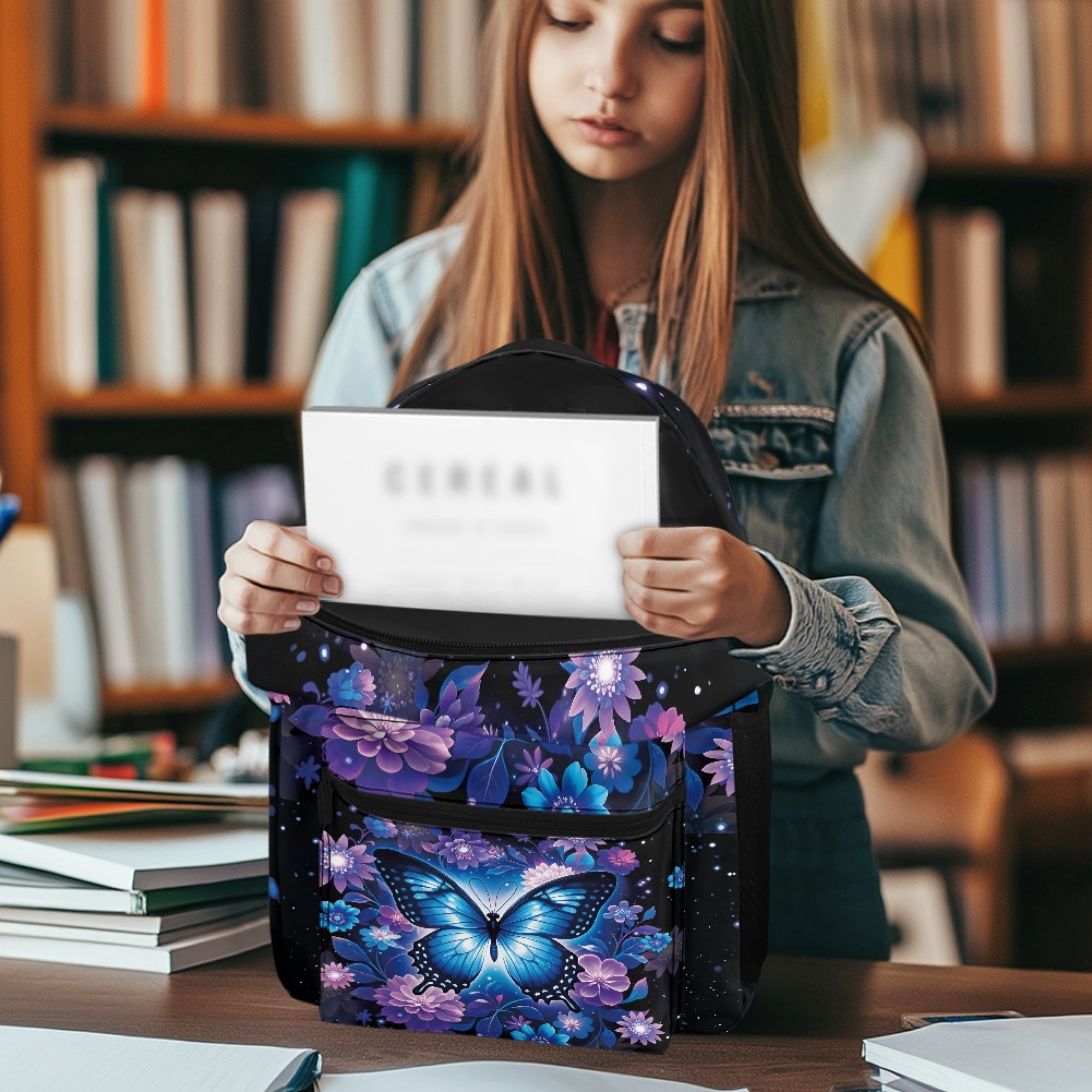 Chririnla Blue Butterfly Floral School Backpack Set for School Students Girls Boys Casual Dailypack Bookbag