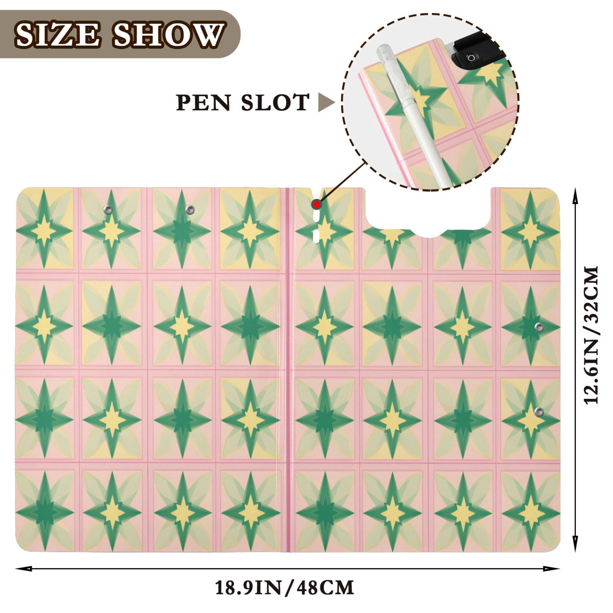 FORMRS A4 Clipboard Folder with Pen Holder Horizontal Foldable School Office Binder, Green Symmetrical Stars