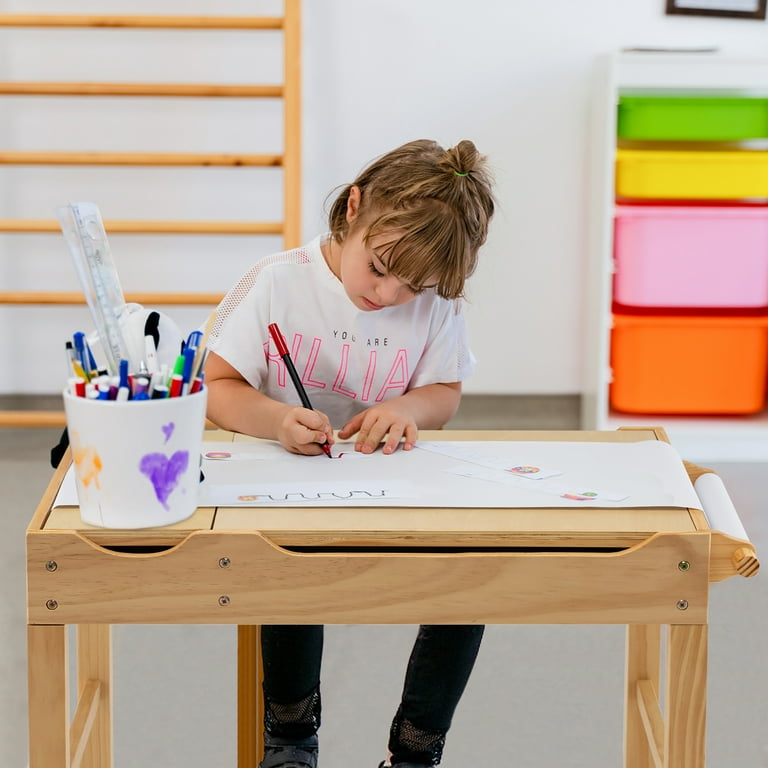 Kids Art Table and Chairs Set with Paper Roll and Storage Bins - Costway