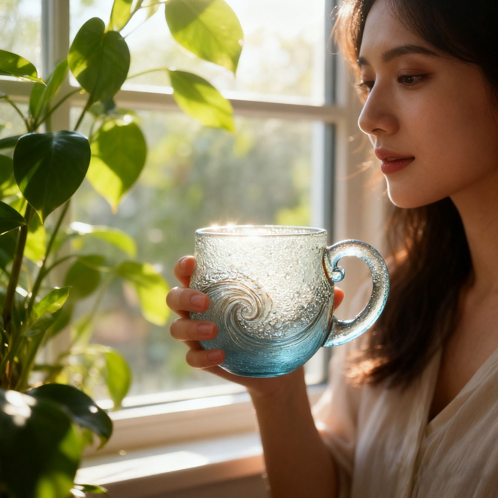 Sea Inspired Glass Mug 12oz Handblown Blue Coastal Theme Cup for Tea Wine and Coffee Unique Textured Handcrafted Drinkware Blue