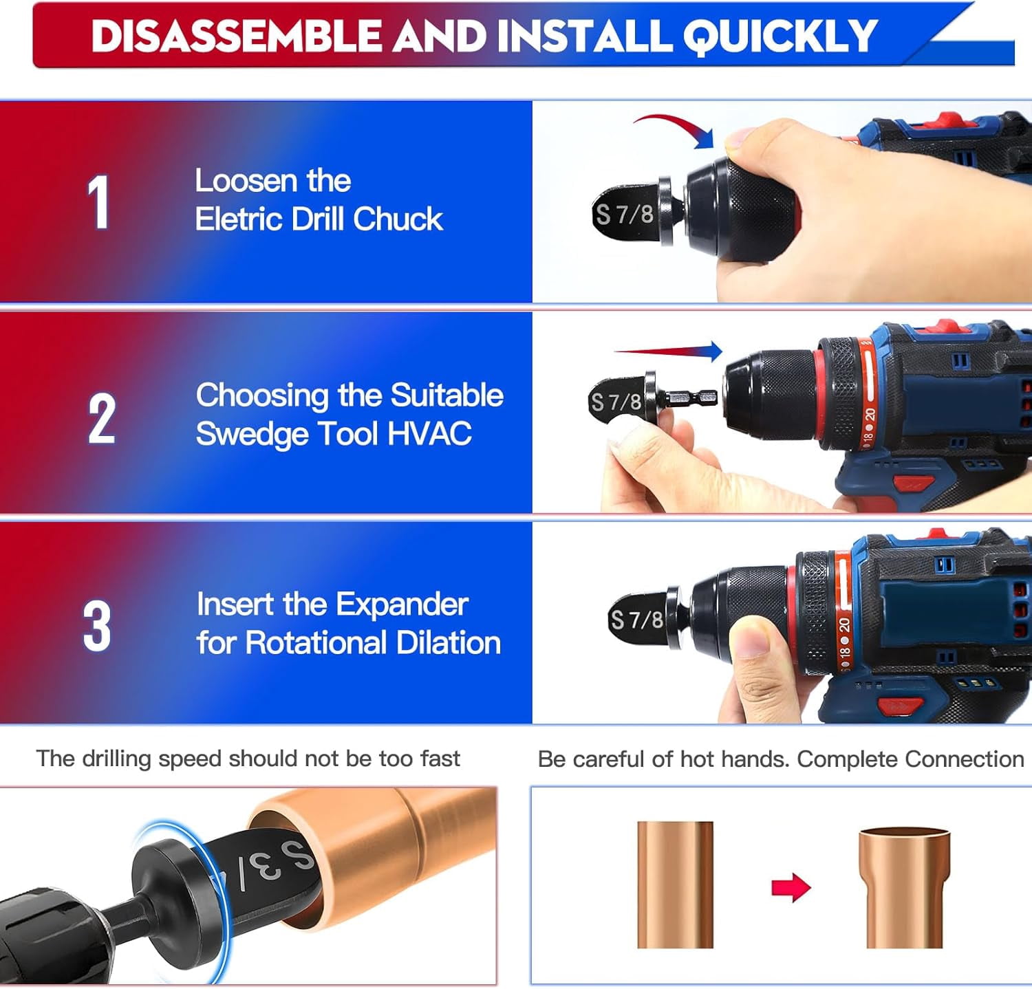 RGHJAR-13 Pcs Swage Tool HVAC Repairing Set With Bit Holder, Air Conditioner Copper Tube Expander Swaging Tool Drill Bit, Soft Copper Pipe Swager, 1/4'', 3/8'',1/2'',5/8'',3/4'',7/8'' Swedge HVAC Too