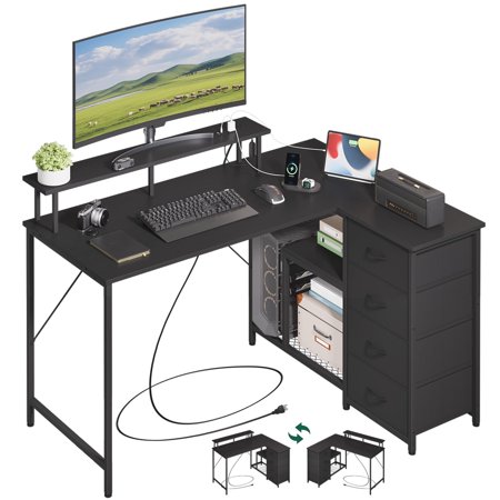 Eunos 53 inch L Shaped Gaming Desk with Power Outlets & LED Light Computer Desk with 4 Tiers Drawers for Home Office Black