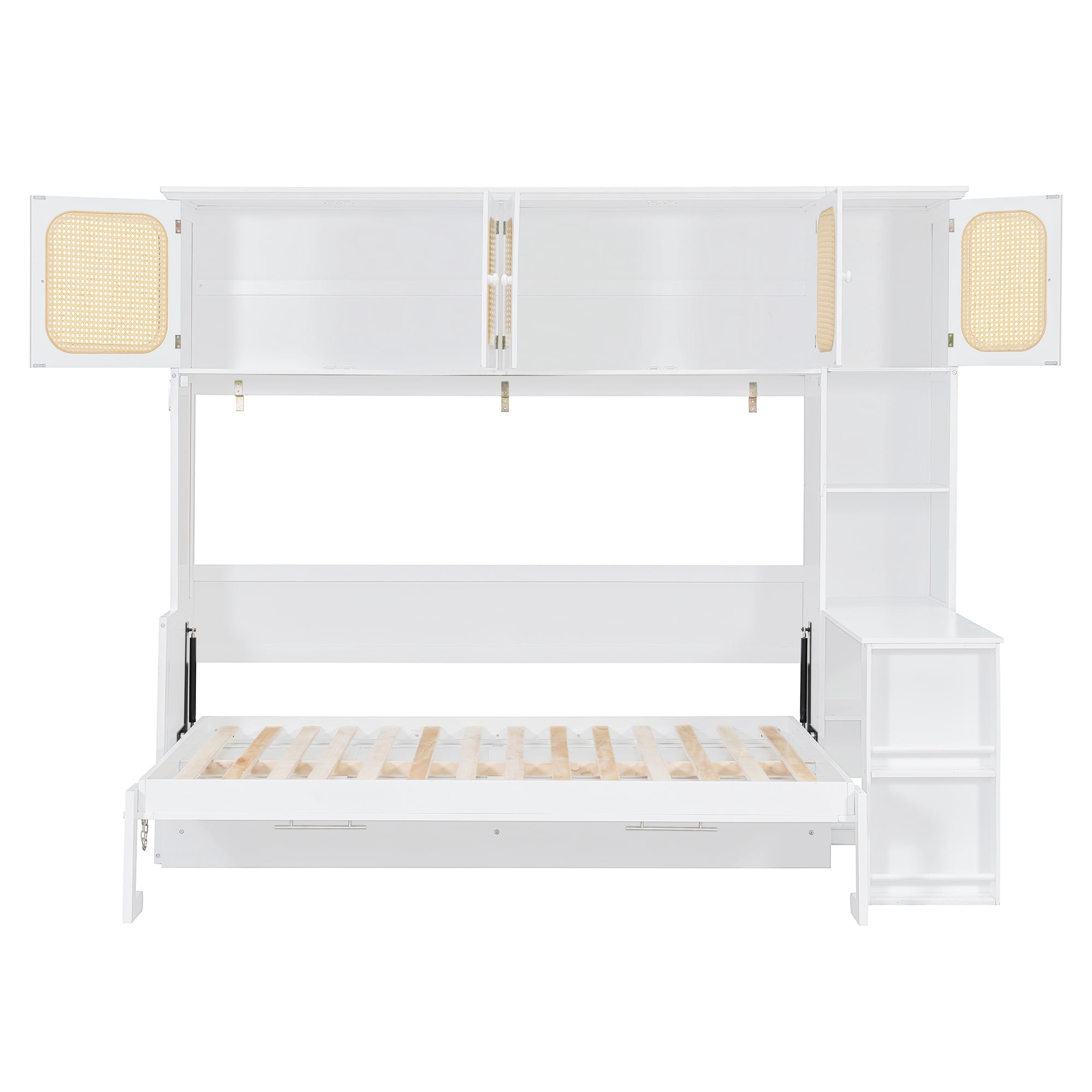 Mintazer Full Size Rattan Murphy Wall Bed with Desk & Side Bookshelf, Folding Bed with 5 Rattan Storage Cabinets for Guest Room Apartment, White