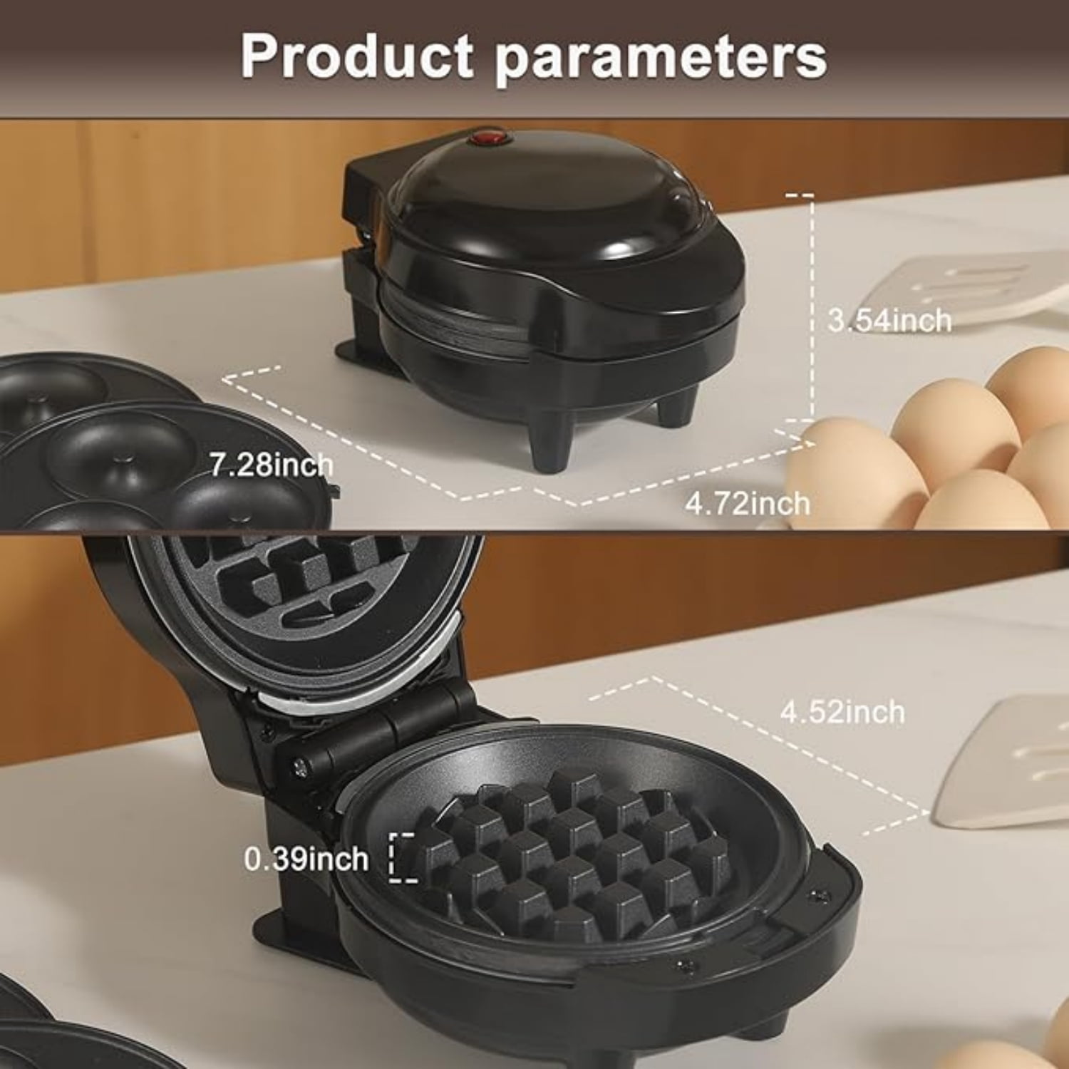 Mini Waffles Maker With 6 Removable Plates  3 In 1 Small Waffle Mini- Heart Donut 4.5" Non Stick Iron For And Families Black
