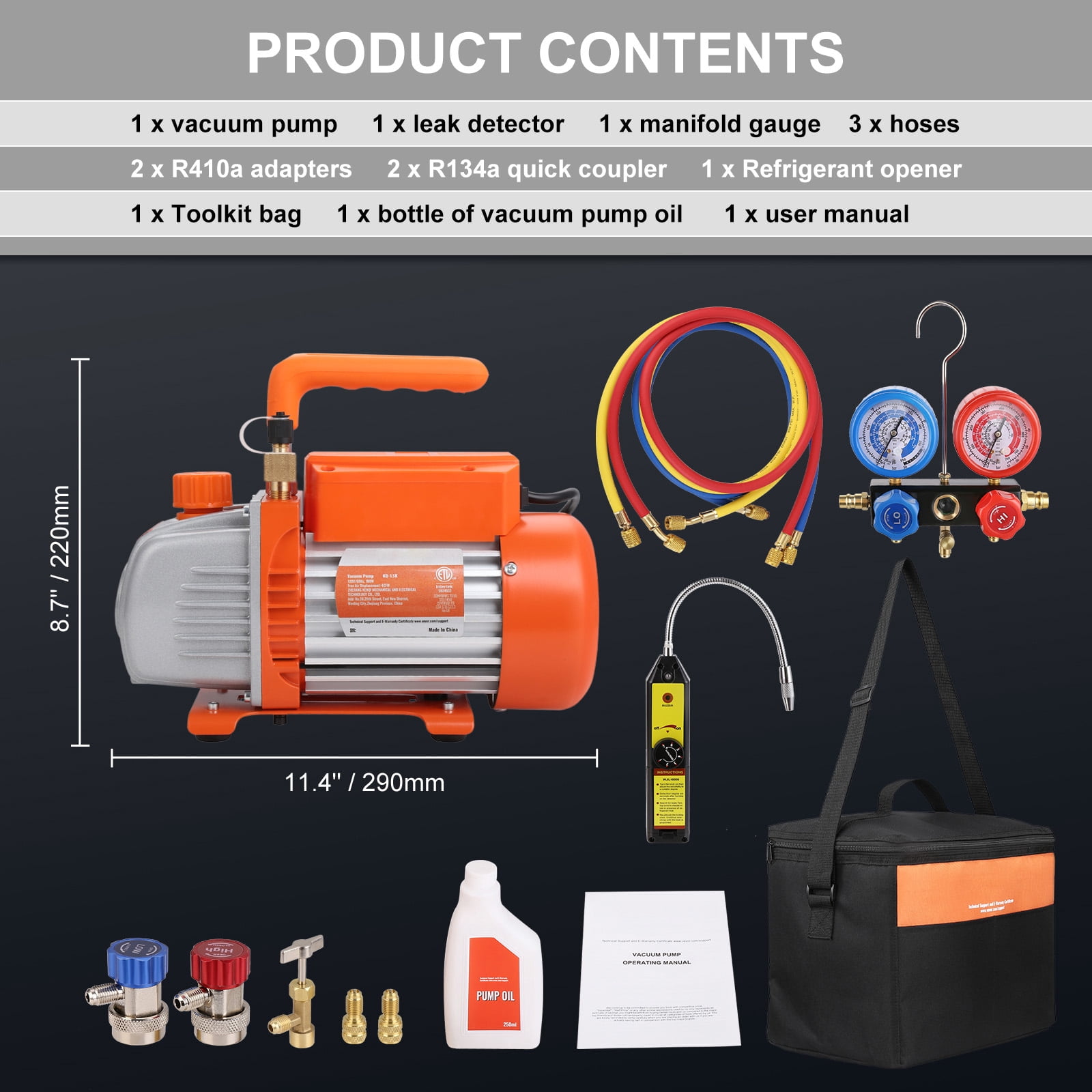 VEVOR HVAC Vacuum Pump 120 V 1/4 HP 4.5 CFM Single Stage Rotary Vane and Gauge Set Manifold Gauge Kit with Hose for R134a, R410a,and other refrigerants.