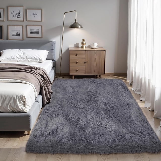 KCHOWUA - Alfombra gris para recámara, alfombra esponjosa, 4 x 6 pulgadas, para sala de estar, gruesa, lavable a máquina, alfombra de felpa para niños, habitación de bebé, antideslizante, suave,