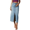 thumbnail image 3 of Women'S Jean Skirt Stretch High Waisted Frayed Raw Hem A Line Denim Midi Skirt with Pockets Light Blue M, 3 of 9