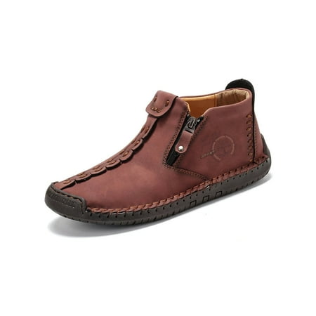 

Woobling Mens Ankle Boot Zip Up Casual Bootie Mid Top Dress Boots Men Booties Hand Stitching Shoes Round Toe Fashion Red 7.5
