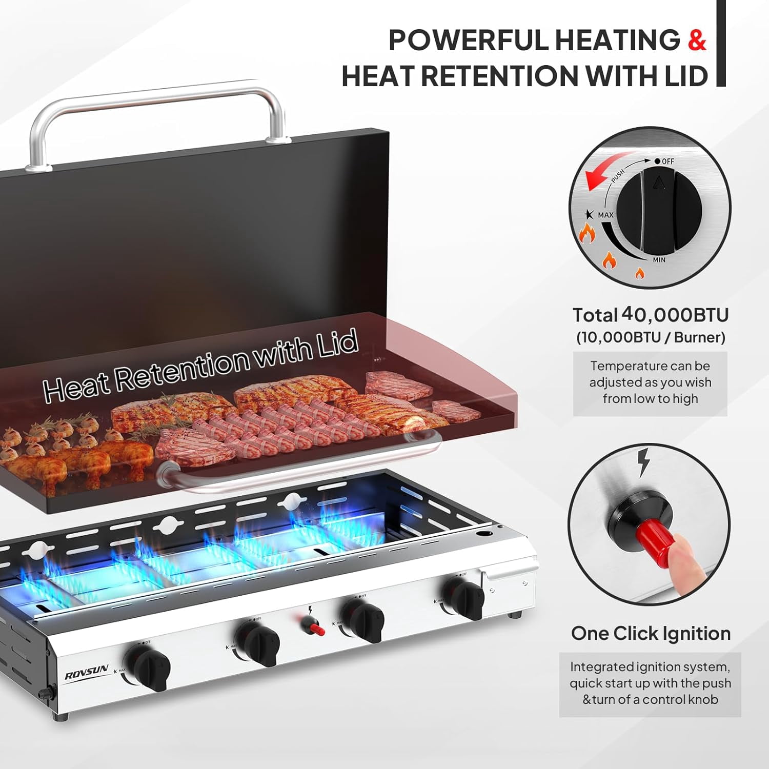 TUFFIOM 4 Burner Portable Propane Griddle with Enameled Tray & Lid, 40000 BTU Rolling Flat Top Gas Grill with Electronic Ignition & Regulator for Outdoor Cooking Camping BBQ Tailgating